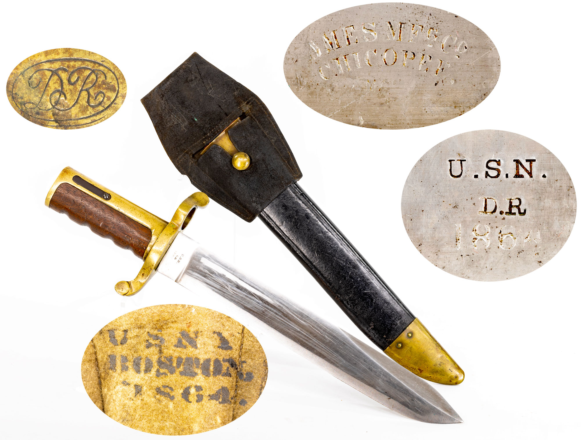 Image of Excellent US Navy Dahlgren Bowie Bayonet with Scabbard and Rare Boston Navy Yard Marked Frog